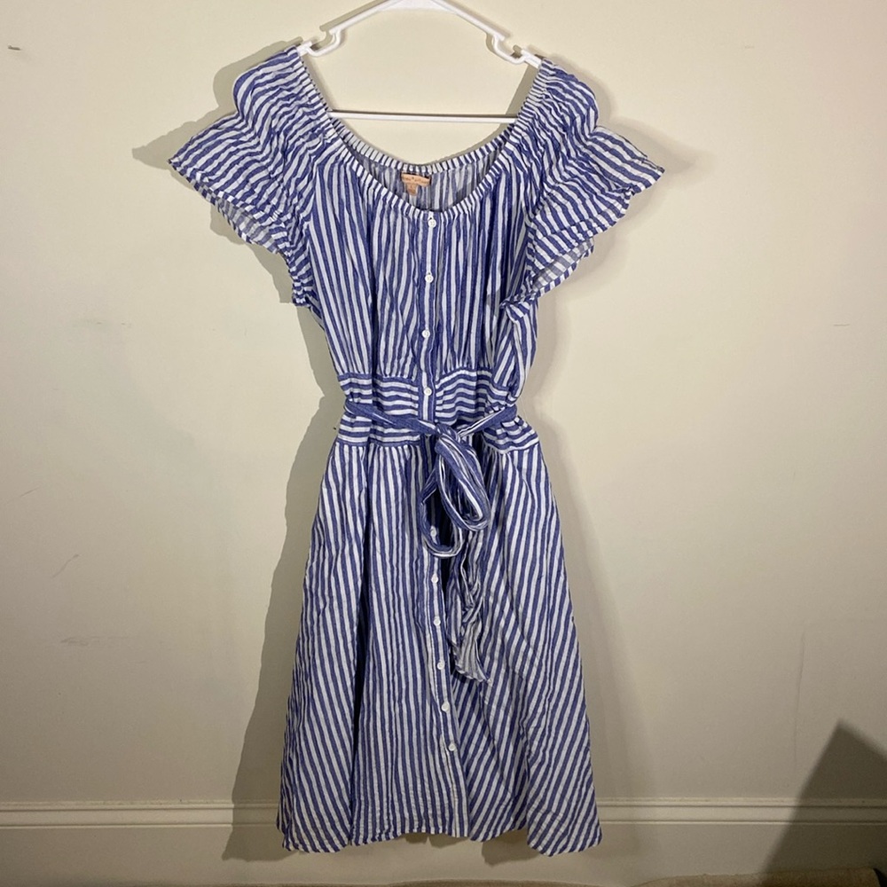 Gibson Latimer Blue&White Striped Off the Shoulder Midi Dress Size L